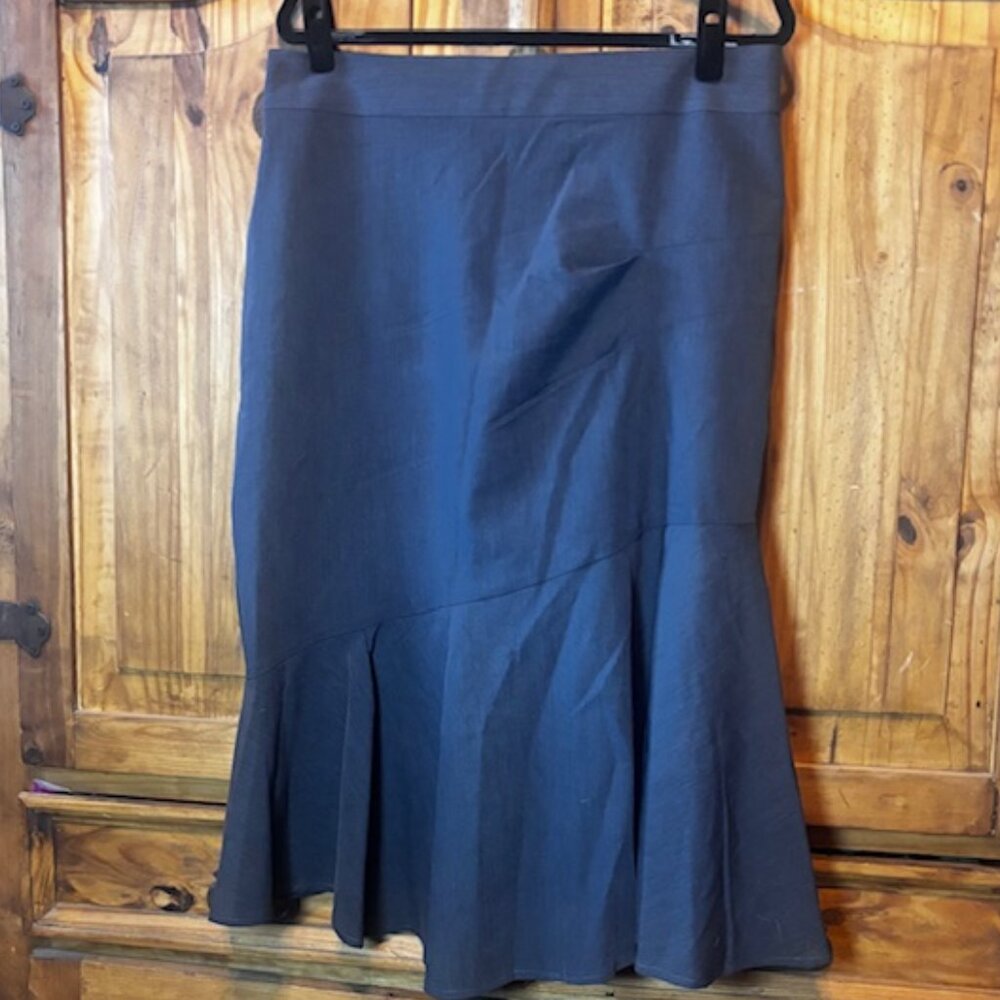 Custom Made Wool Skirt Flared Hem Tailored Midi | Dark Grey (Approx Size 12)